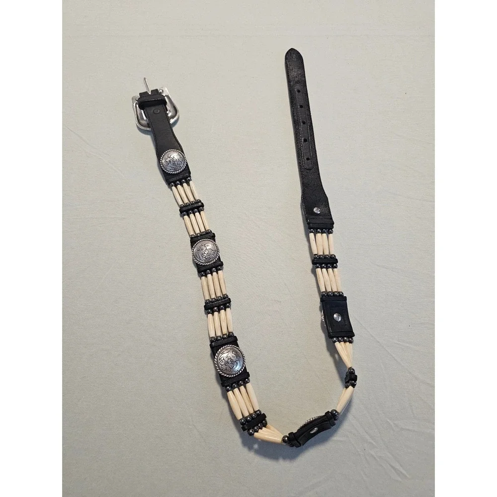 Western Leather Bone Hairpipe Concho Belt Black Silver Size 32 7153L